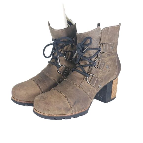 Sorel Women's Addington US10 Brown Leather Lace-up Heels Ankle Boots Booties - Picture 1 of 16